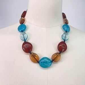 Chunky Acrylic Beaded Necklace Blue Brown Orange 22"‎